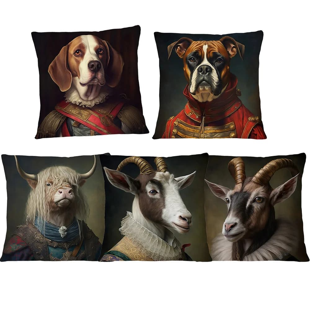 Fodere per cuscini con animali aristocratici rinascimentali: capra, tigre, volpe, golden retriever, beagle, bassotto, cane
