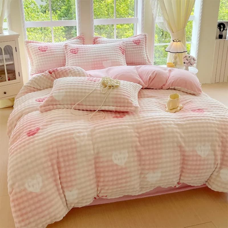 2025 New Printed Class A Rabbit Plush Milk Plush Four-piece Winter Thickened Warm Sheet Student Dormitory Bed Kit