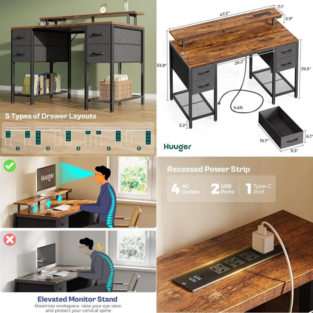 Scrivania da Gaming Grande 47 Pollici in Stile Rustico Marrone e Nero con Luci LED, 4 Cassetti, Prese di Corrente e Ampio Spazio di Archiviazione per Ufficio Domestico o Camera da Letto