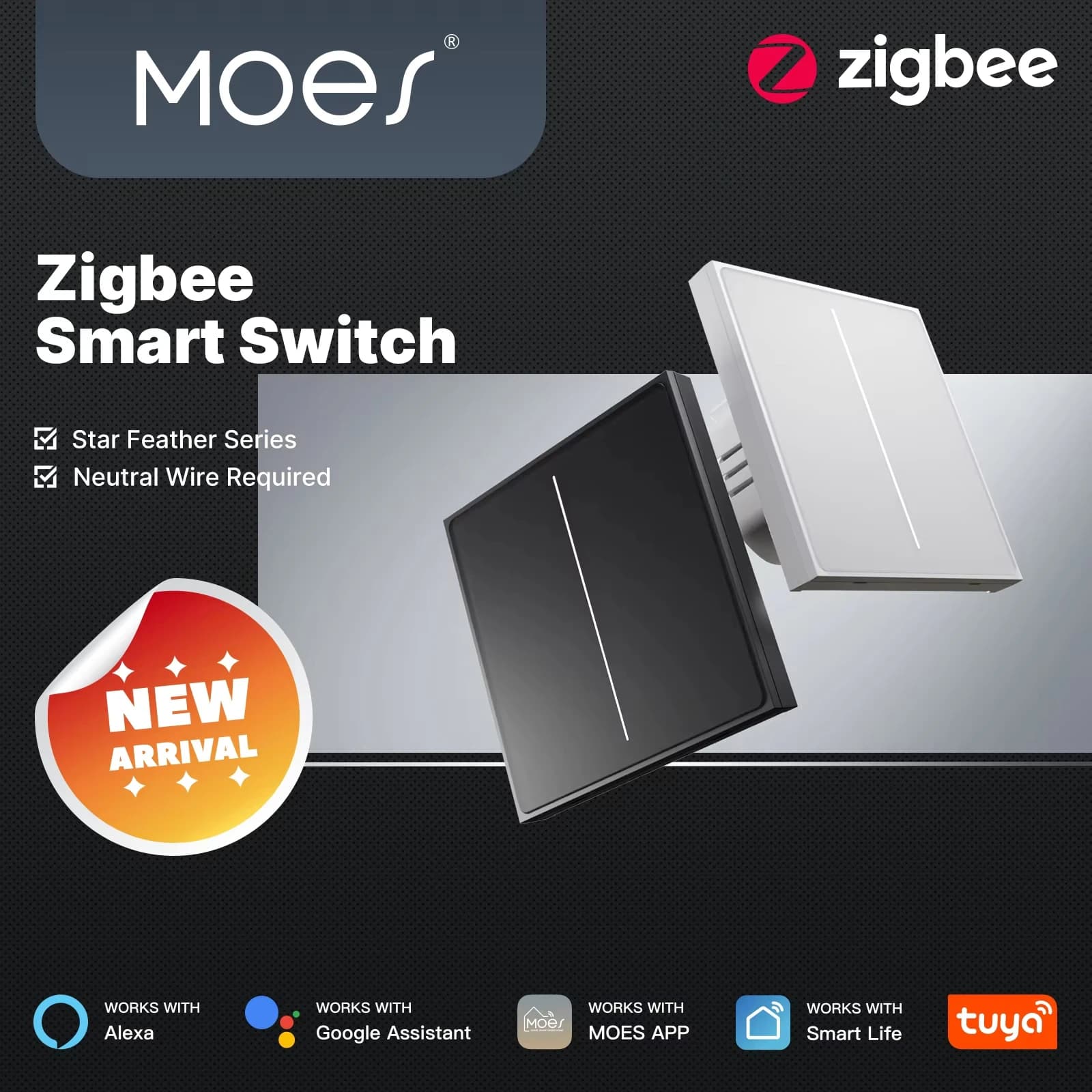 Smart Switch MOES ZigBee 2in1, Requires Neutral Cable, Control via Tuya App, Compatible with Alexa and Google Home Assistant, Star Design and Feather