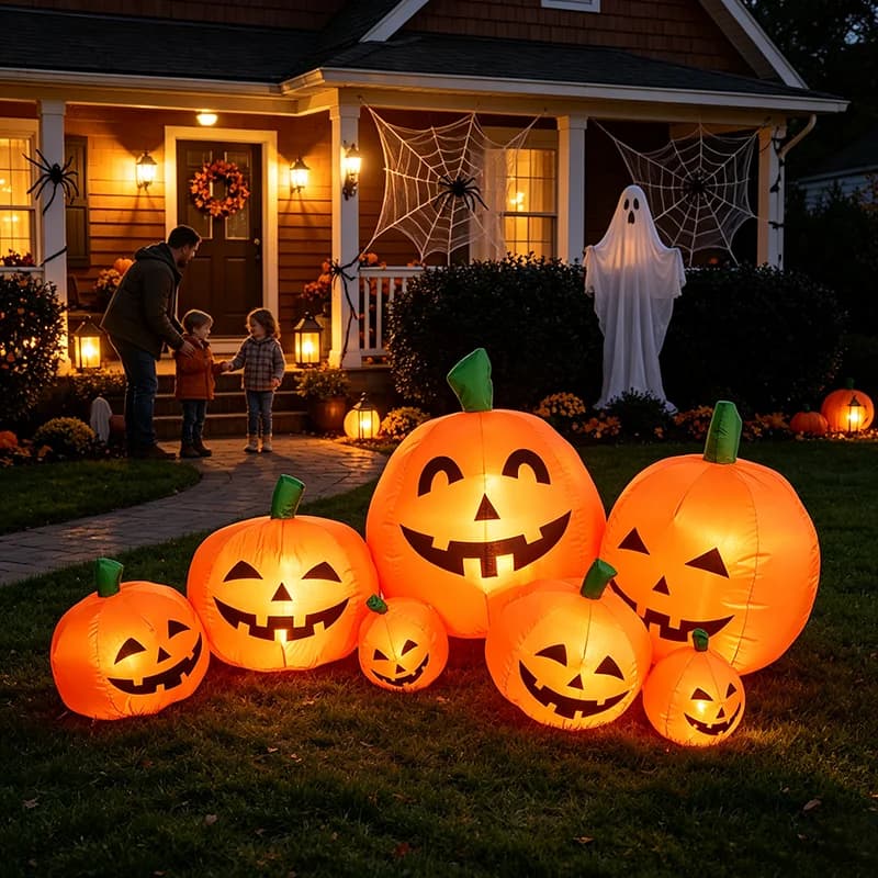 NEW Arrival 7.5FT Halloween Inflatable Pumpkin Decoration LED Blow Up Pumpkin Patch with 7 Pumpkins & Bright Light Boards Outdoor Airblown Yard Decor for Garden Lawn Party, Includes Blower Fan+Ground Anchors indoor Inflatable Pumpkin Set