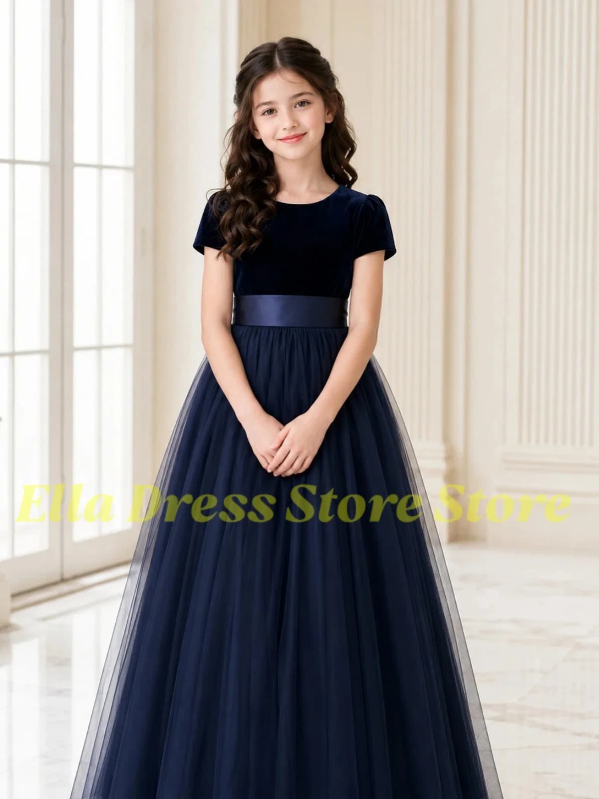 Customized Flower Girl Dress For Wedding Short Sleeve High Waist Floor Length Elegant Kids Birthday First Communion Gown