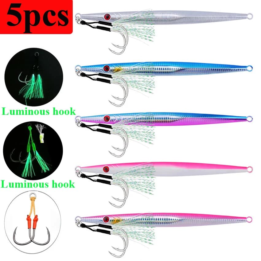 5 pz Metallo Luminoso Piastra di Ferro Jig 60g-300g Pesca in Mare Lunga Striscia Disegno Rapido Piastra di Ferro Pesce Affondamento Veloce Lento Scuotendo Esca