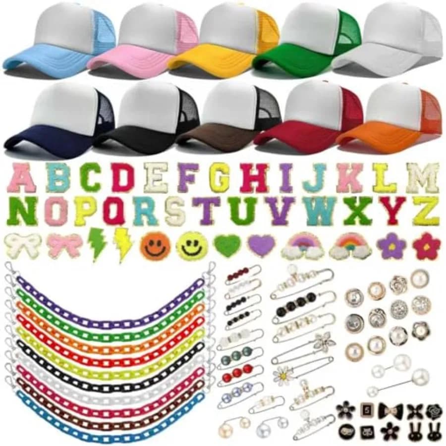 10 Pack Blank Trucker Hats DIY Kit Sublimation Youth Mesh Baseball Caps Adjustable with Bulk Colorful Trucket Hat Charms Chain