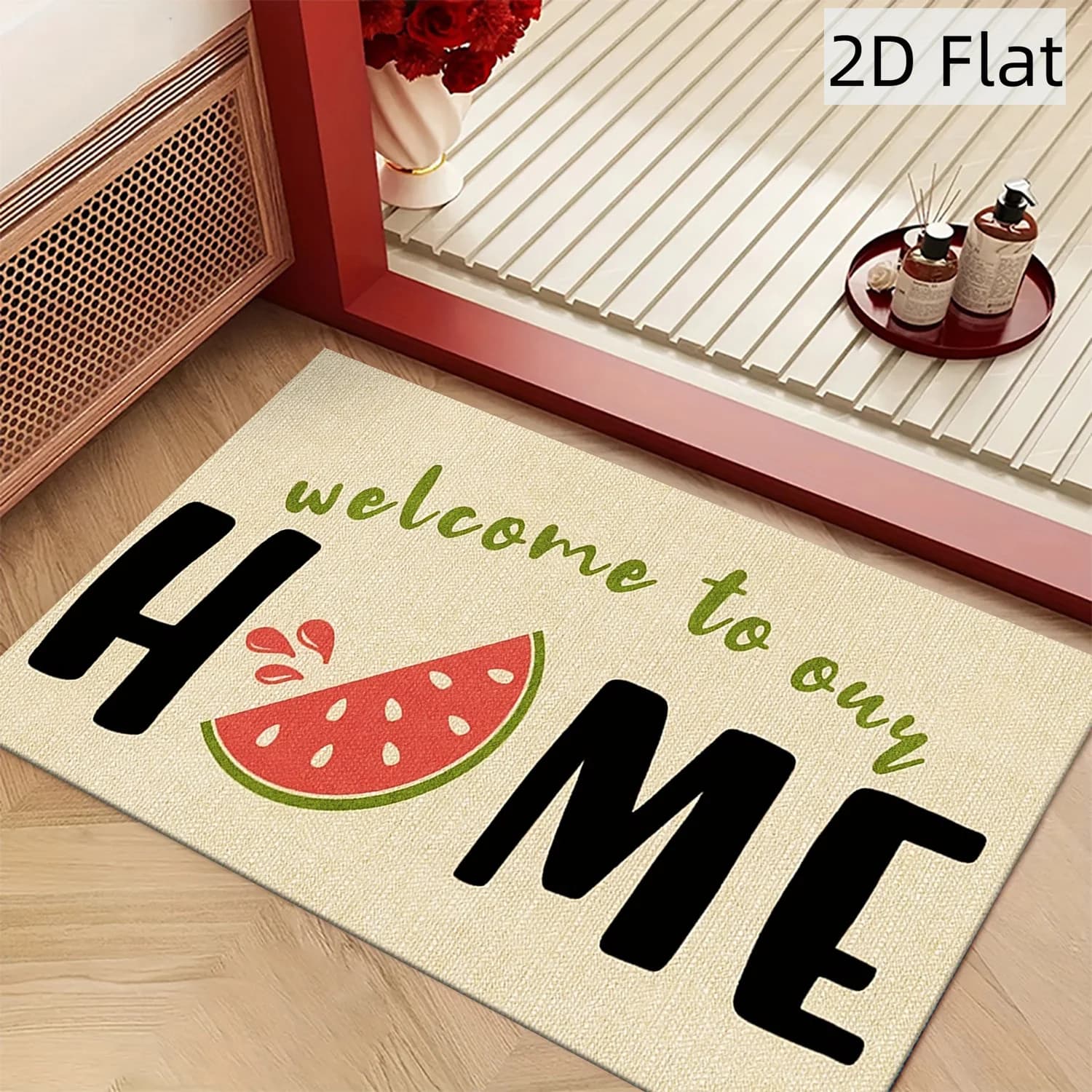 Tappetino “Welcome Home” con Design Anguria, Lavabile in Lavatrice, per Cucina, Camera da Letto, Uso Quotidiano, Ingresso, Regalo di Inaugurazione Casa