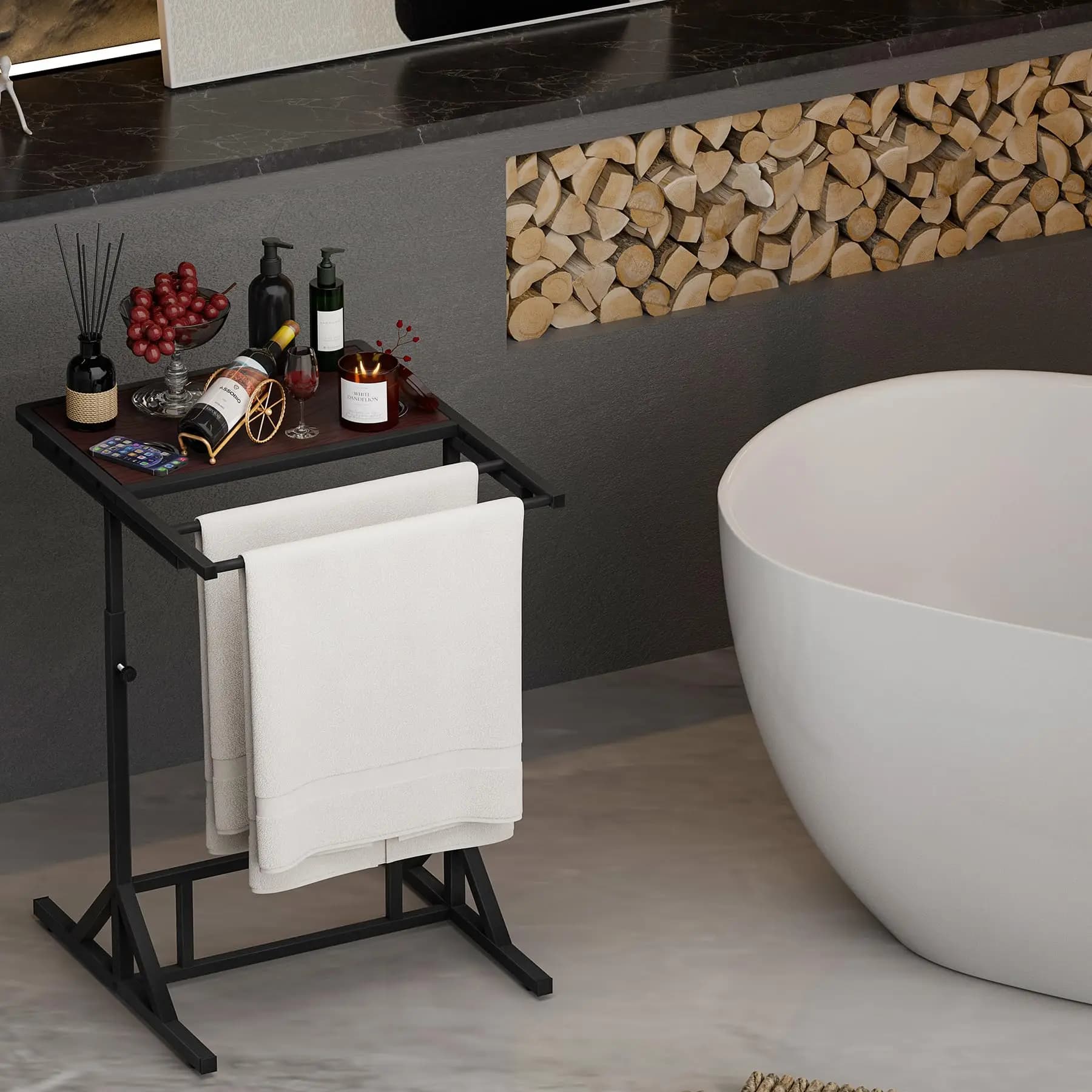 Portasciugamani Regolabile in Altezza con Vassoio da Tavolo e Portabevande, Base in Metallo, Impermeabile, Accessorio da Bagno per Esterni, Nero