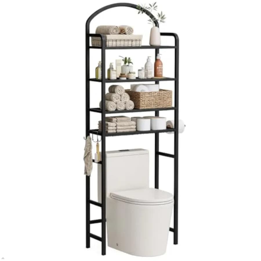 Organizzatore da Bagno Sopra il WC, Salvaspazio, con 4 Ganci e Portarotolo, Scaffale in Metallo