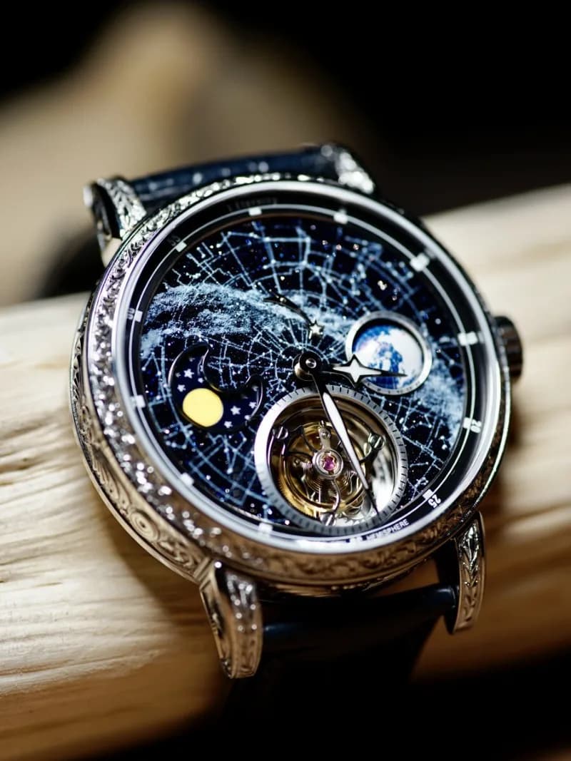 Orologio Meccanico Automatico Personalizzato con Tourbillon, Cielo Stellato, Terra e Fasi Lunari, Luminoso