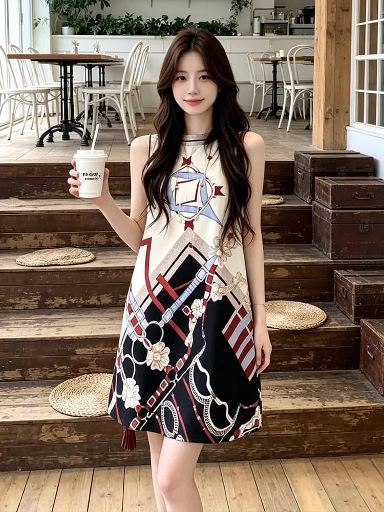Retro Style Sleeveless Women's Dress Summer New Print Straight Slimming Versatile Youthful Skirt Casual Loose Fit A-Line Dress