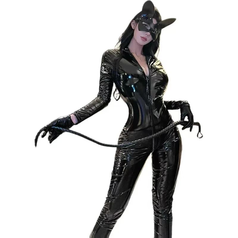 Sexy Hot Women PU Faux Leather Catsuit PVC Latex Bodysuit Front Zipper Open Crotch Jumpsuit Stretch Erotic Costume Halloween Set