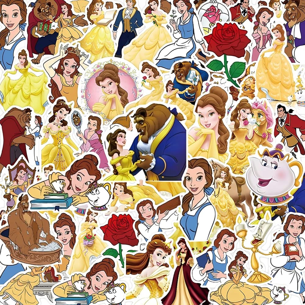 10/30/50 Pezzi Adesivi Anime Carini La Bella e la Bestia, Decalcomanie Disney Principesse, Decorazioni Fai-da-Te per Skateboard, Casco, Chitarra, Adesivi Cartoon