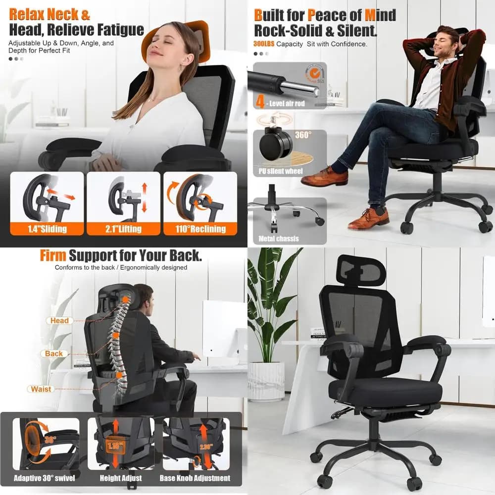 Sedia Ergonomica Girevole in Rete con Schienale Alto e Poggiapiedi, Sedia da Ufficio Regolabile per Persone Alte e Robuste, per Casa o Ufficio