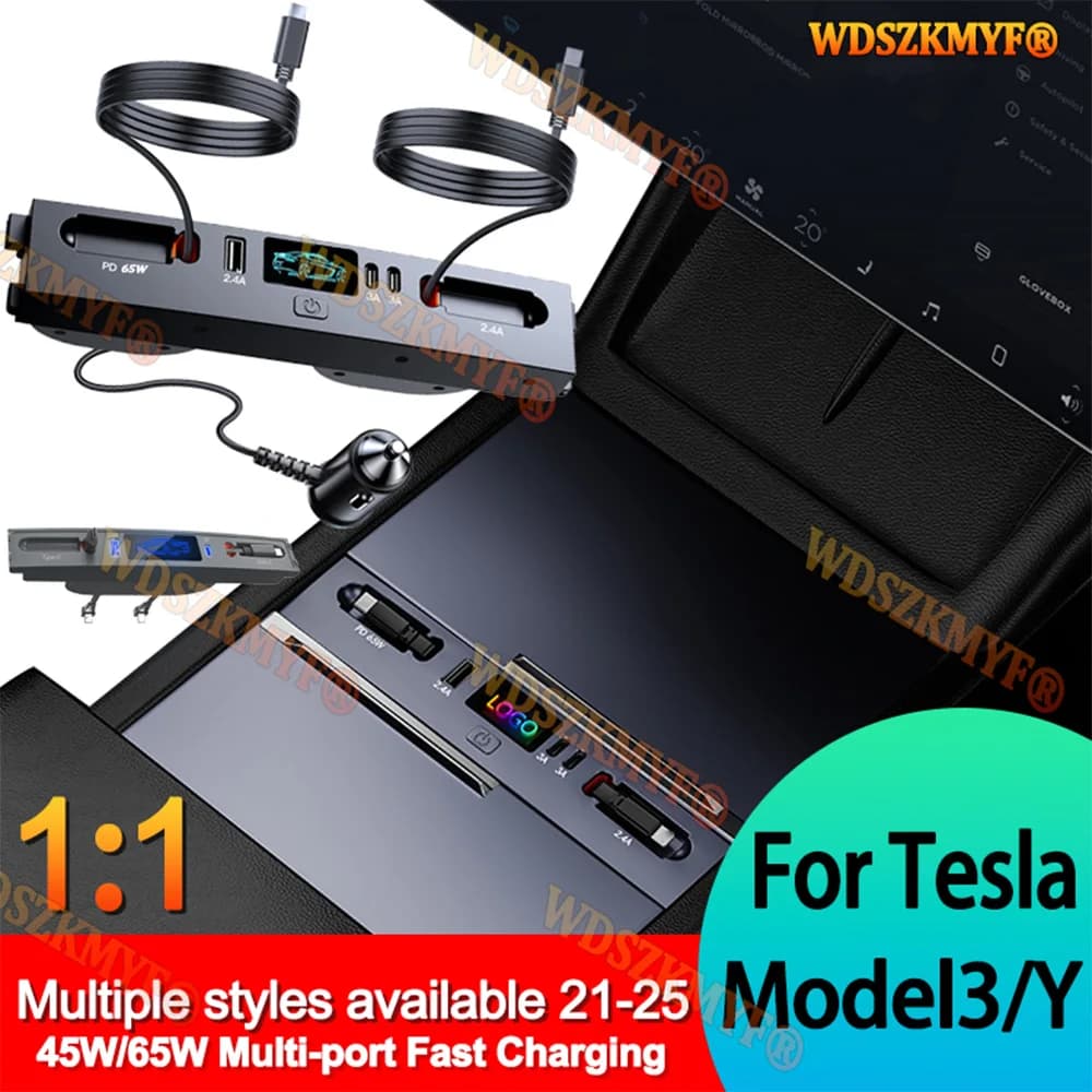 For Tesla Model 3 Model Y 21-25 Docking Station 45W 65W Hub USB Shunt Hub Extension Central Console Intelligent Charger