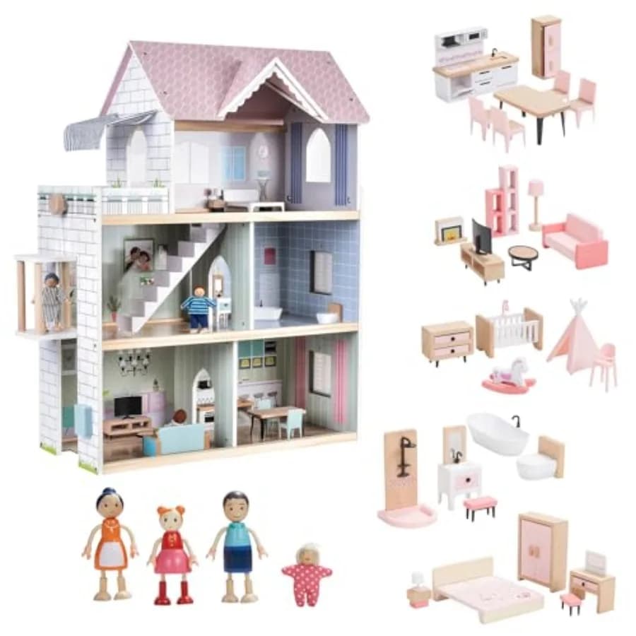 Casa delle bambole in legno rosa con set di mobili per ragazze 36 pezzi di mobili con 4 bambole di famiglia