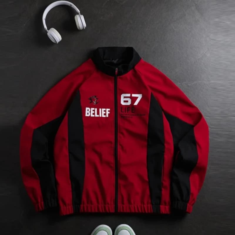 American Lightweight Bomber Jacket Men Stand Collar Racer Style Letter Print Motorcycle Coat Man Spring Autumn Sports Daily Wear
