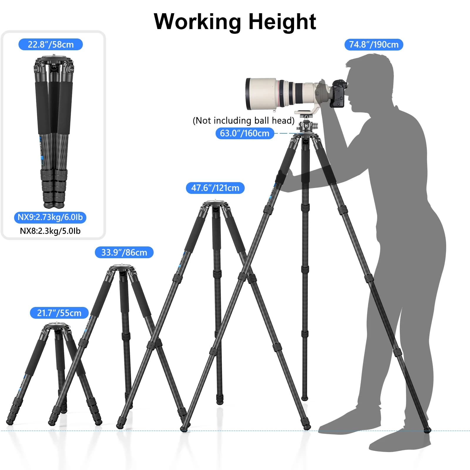 WEYLLAN NX9 63" Carbon Fiber Tripod Heavy Duty 40kg Load 75mm Bowl Adapter Professional Camera Stand for DSLR Telephoto Lens