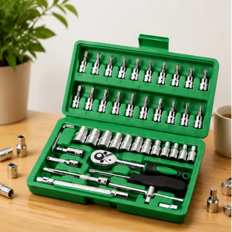 Kit Professionale di Chiavi a Bussola e Cricchetto da 46 Pezzi, Attacco da 1/4 di Pollice con Inserti, Barre di Prolunga e Misura Metrica, Strumento Durevole per Riparazioni Auto