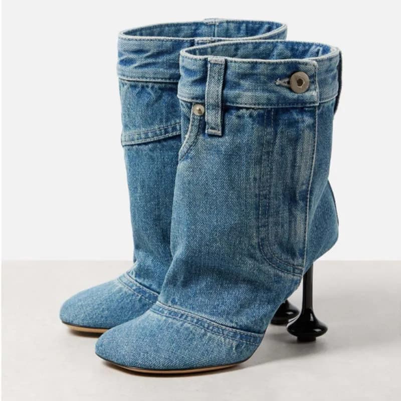Primavera autunno nuovo tacco irregolare gonna di jeans bordo pantaloni stivali europei americani da cucire tacchi alti moda stivali corti