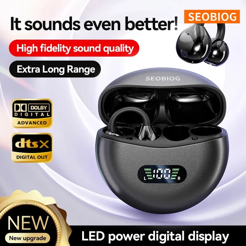 Auricolari Bluetooth Wireless SEOBIOG, Bluetooth 5.4, Riduzione Intelligente del Rumore, Display Digitale della Batteria, Cuffie a Clip OWS