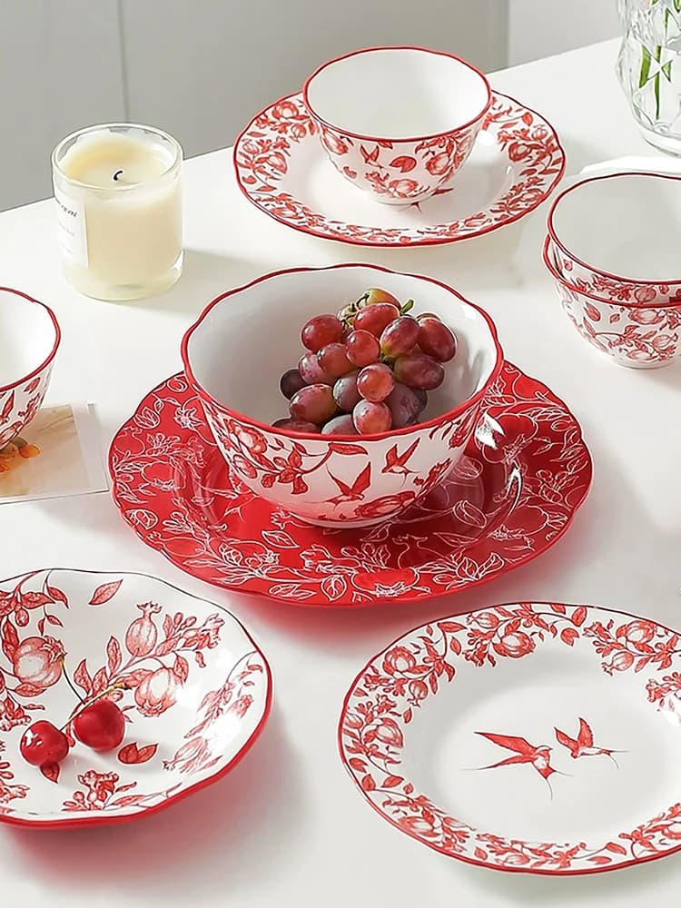 Ceramic Dinnerware Plates Sets Red Chinese Style Wedding Gifts Box Under Glazed Home Kitchen 10 Inch Round Dish Food Container