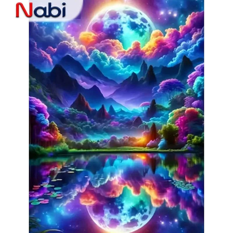 Nabi 5D DIY Mountain Diamond Embroidery Lake Painting Landscape Pattern For Nabis Beginners Mosaic Moon Unique Gift
