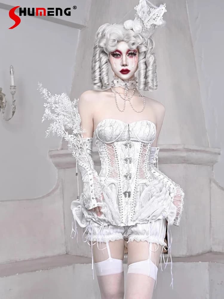 Halloween Gothic Cos Fishbone Top Pantaloncini Maglia Pendolo Set da 3 pezzi Dolce Fresco Sottile Elegante Industria pesante Abiti da donna