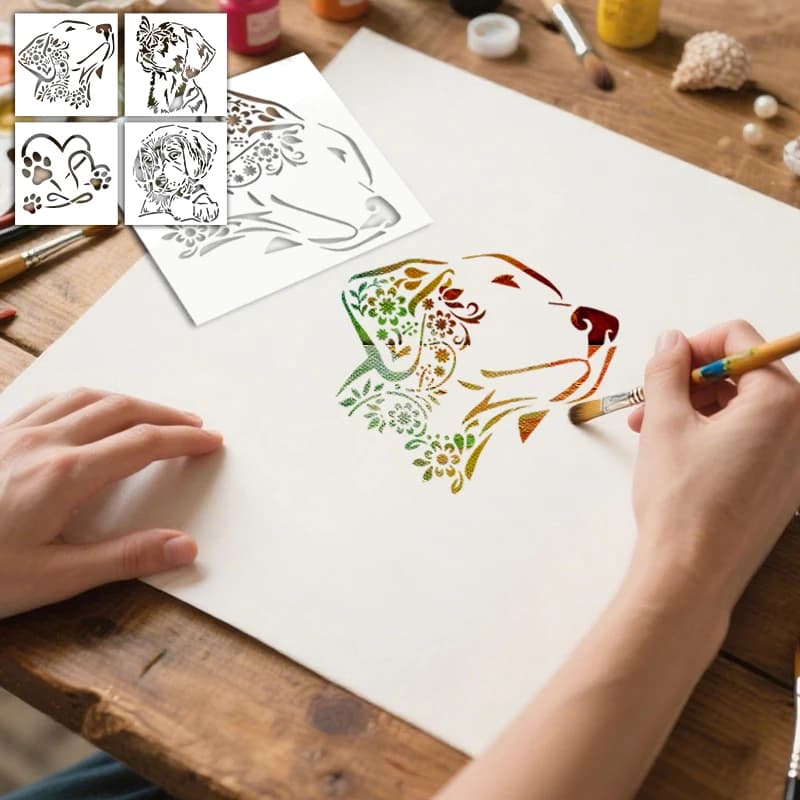 NUBECOM 4 pezzi di pittura a spruzzo per cani adorabili, modello di graffiti in PET, riutilizzabile, disegno a tema cane fai da te, modello di decorazione scavato