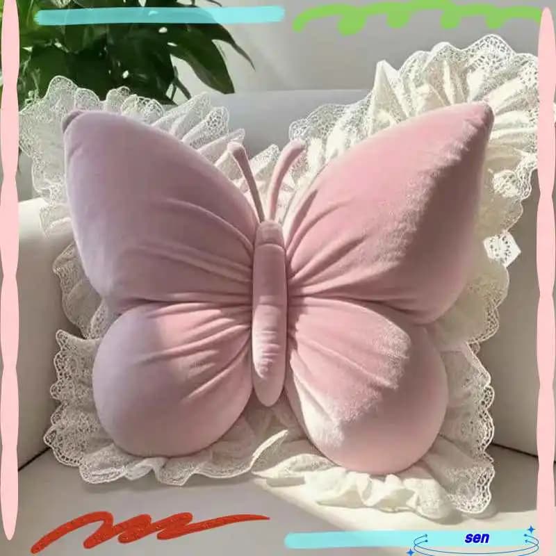 Cuscino a Farfalla Stile Principessa con Bordo in Pizzo, Cuscino in Velluto per Supporto Lombare, per Soggiorno, Camera da Letto, Ufficio, Auto, Divano, Decorazione Casa per Ragazze