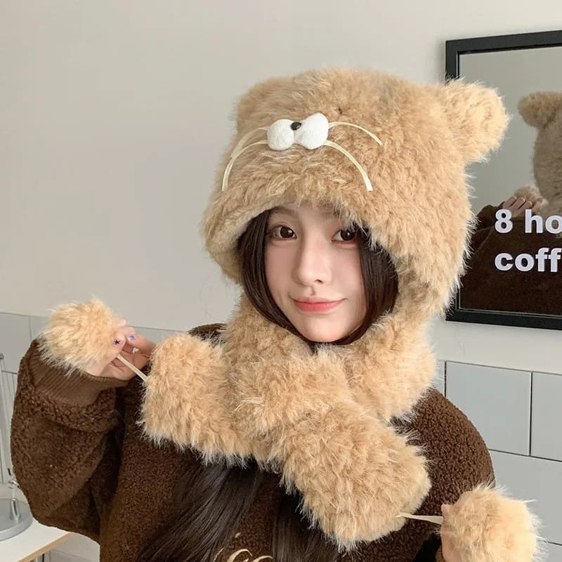 Cartoon Cute Kitten Mimi Hat Children's Winter Outdoor Plush Thick Hoodie Plush Warm Scarf One Piece Hat Girl Gift