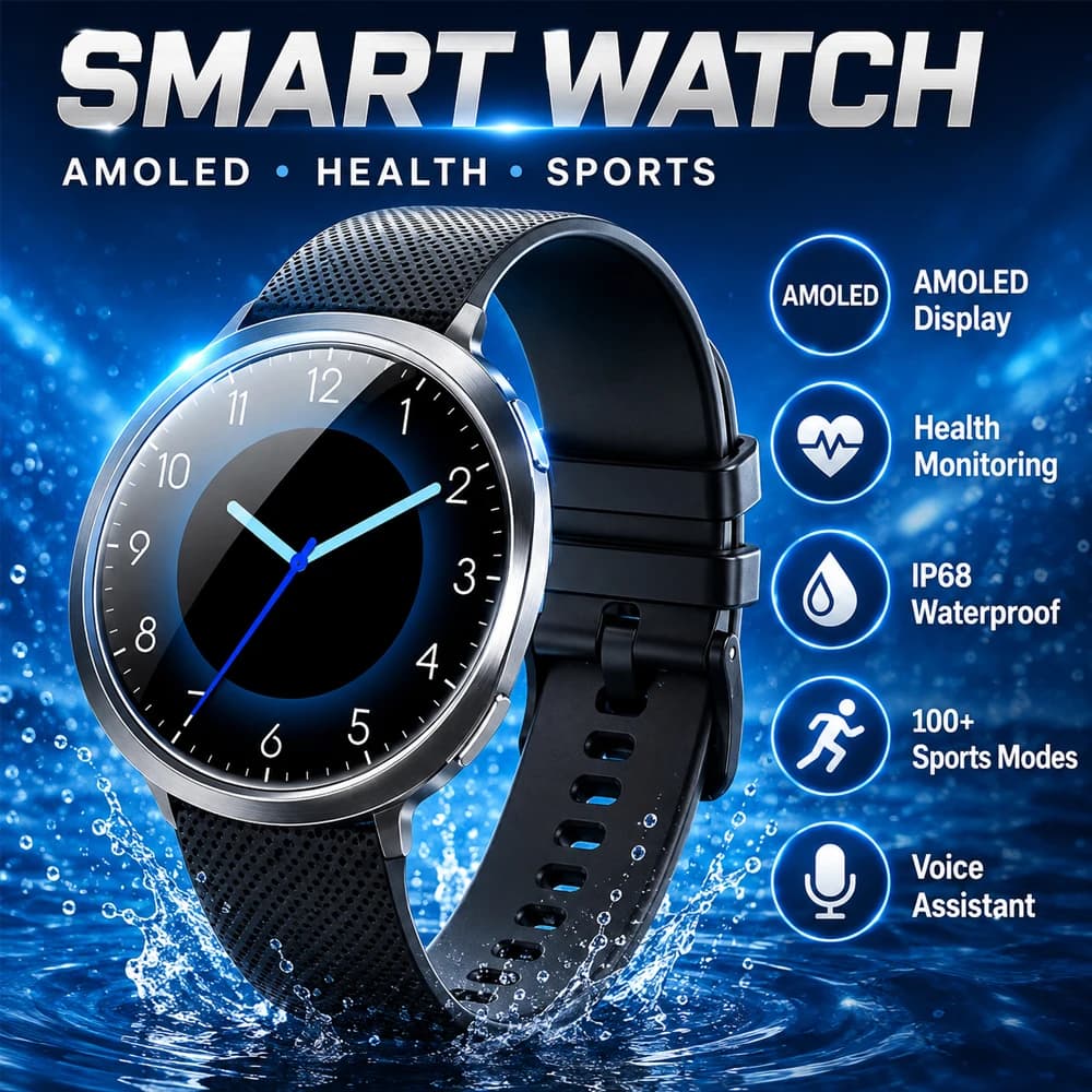 New Smart Watch Tracking Fitness Voice Assistant IP68 Waterproof Flashlight Health Round Curved Screen Smartwatch Men Women