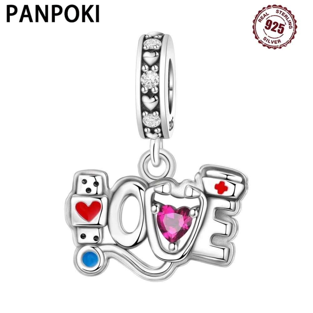 PANPOKI 925 Sterling Silver Stethoscope Nurse Cap Pendant Beads Original Pendants Bracelet Charm Jewelry Party DIY Trendy Gifts