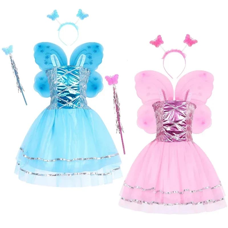 Costumi cosplay farfalla estiva per bambini Abito da principessa con bretelle Anime Fairy Wing Set da 4 pezzi Accessori per ragazza Abiti per feste di compleanno