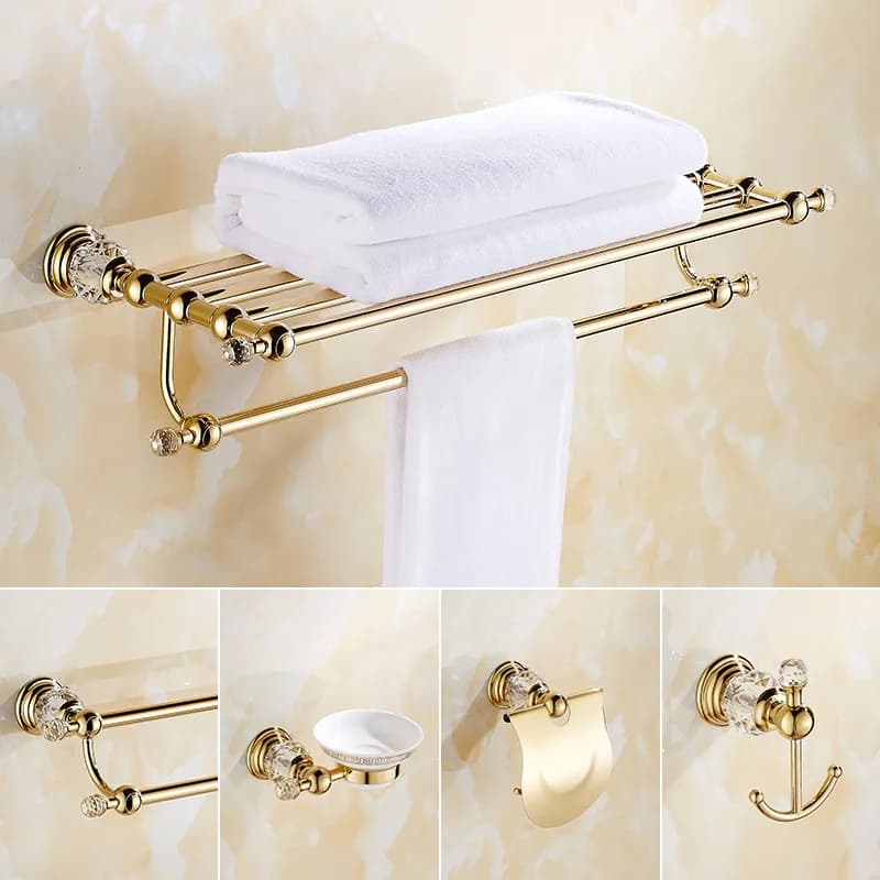 Gold Crystal Bathroom Hardware Set Wall Mounted Towel Rack Toilet Paper Holder Soap Dish Basket Shelf Bathroom Storage Rack Set