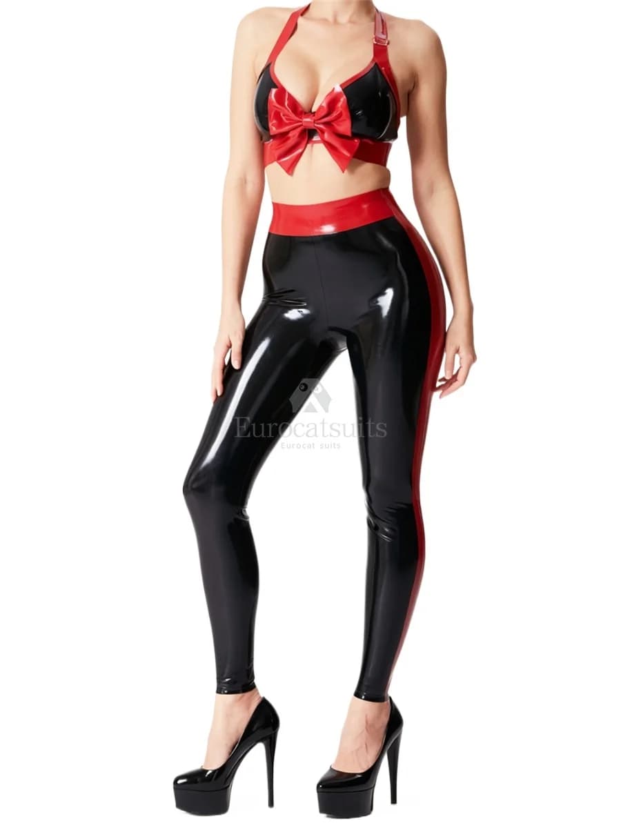 Pantaloni in lattice neri e rossi da donna, a vita alta, slim fit, con strisce laterali, leggings fetish, costume per feste cosplay