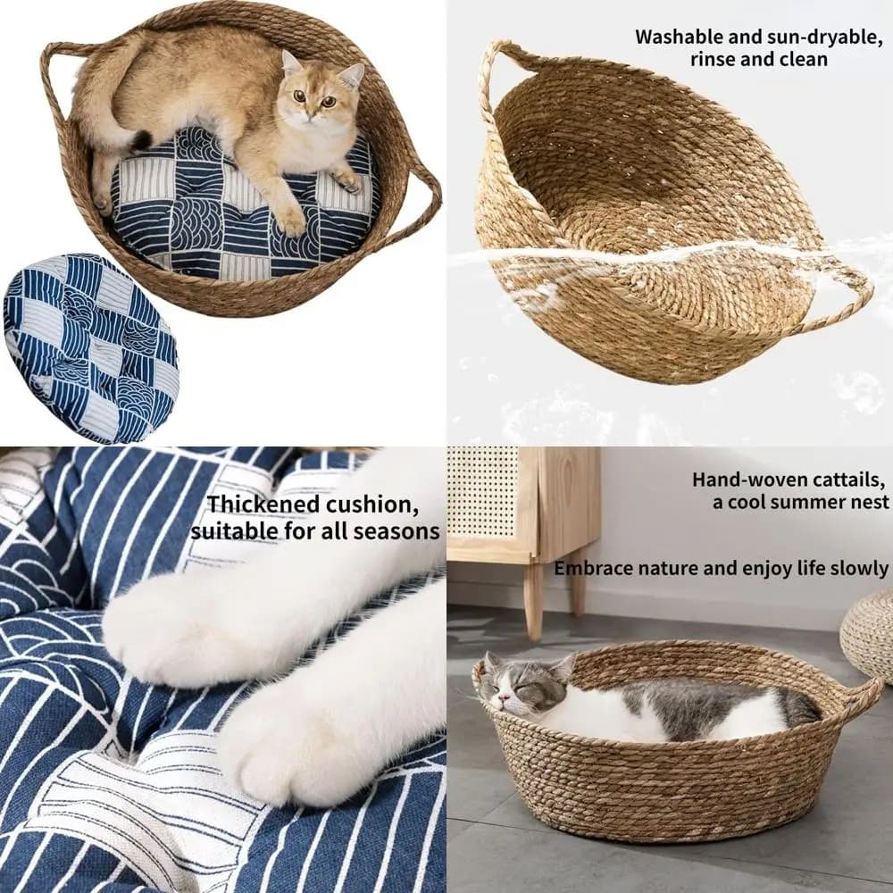 Grande Cuccia Rotonda in Vimini con Cuscino per Gatti e Cani di Piccola Taglia - Letto Antiscivolo e Accogliente in Paglia
