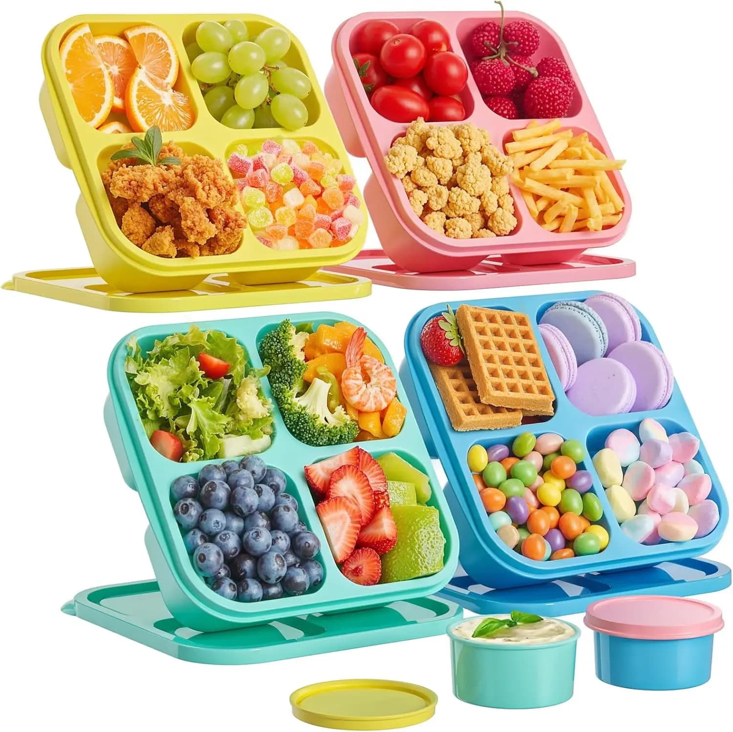 Set di 4 Contenitori per Snack con 2 Coppette per Salse, Contenitore per Pranzo Impilabile Senza BPA per Scuola Lavoro Viaggi