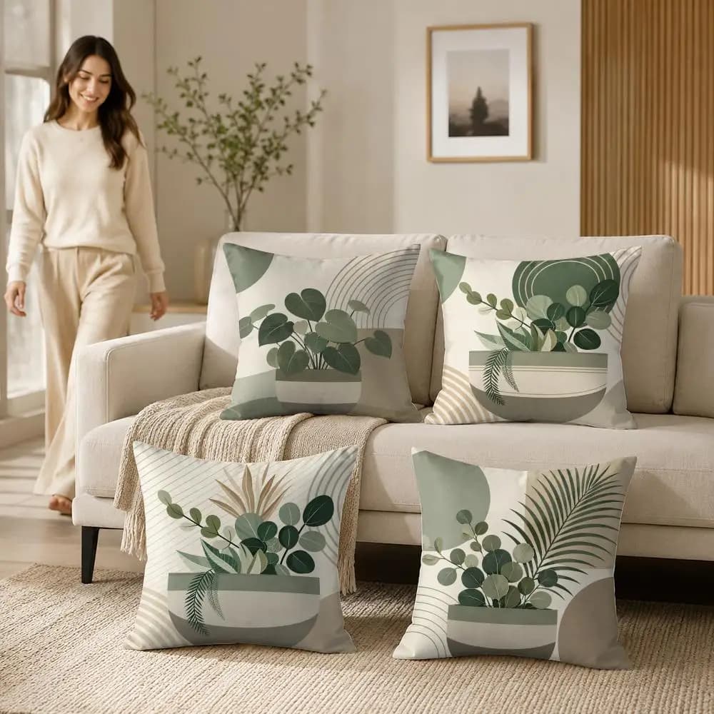 Morandi Greenery Geometric Pattern Cushion Cover Soft Short Plush Pillow Case Double Sided Print Washable Sofa Home Decor Gift