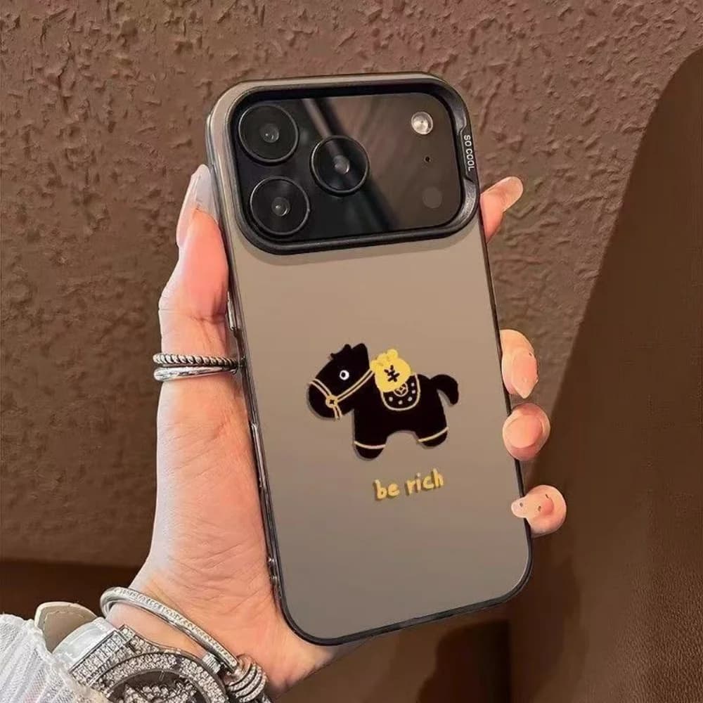 Cover per iPhone con motivo a cavallo nero stile cartone animato, colore argento, per iPhone 17 16 15 14 13 12 11 Pro Xs Max Plus Air Mini XR X 17e 16e