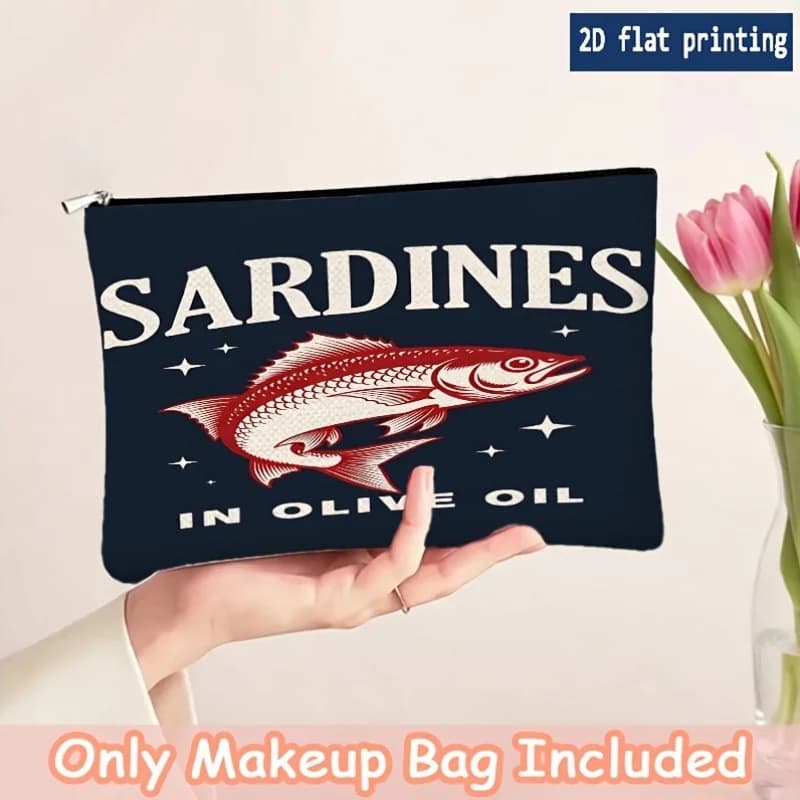 Borsa da viaggio per trucchi con motivo a scatola di sardine rosse, borsa da viaggio per articoli da toeletta, pochette portatile per cosmetici, borsa da toilette con cerniera, ideale per i viaggi