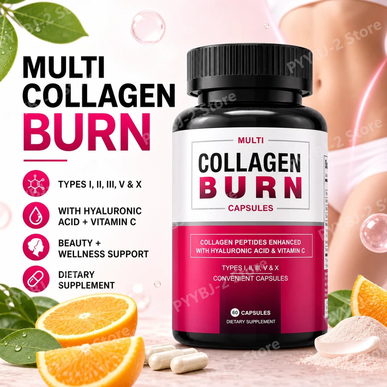 Multi Collagen Complex Capsules with Hydrolyzed Peptides Hyaluronic Acid Vitamin C Skin Hair Nails Wellness Support