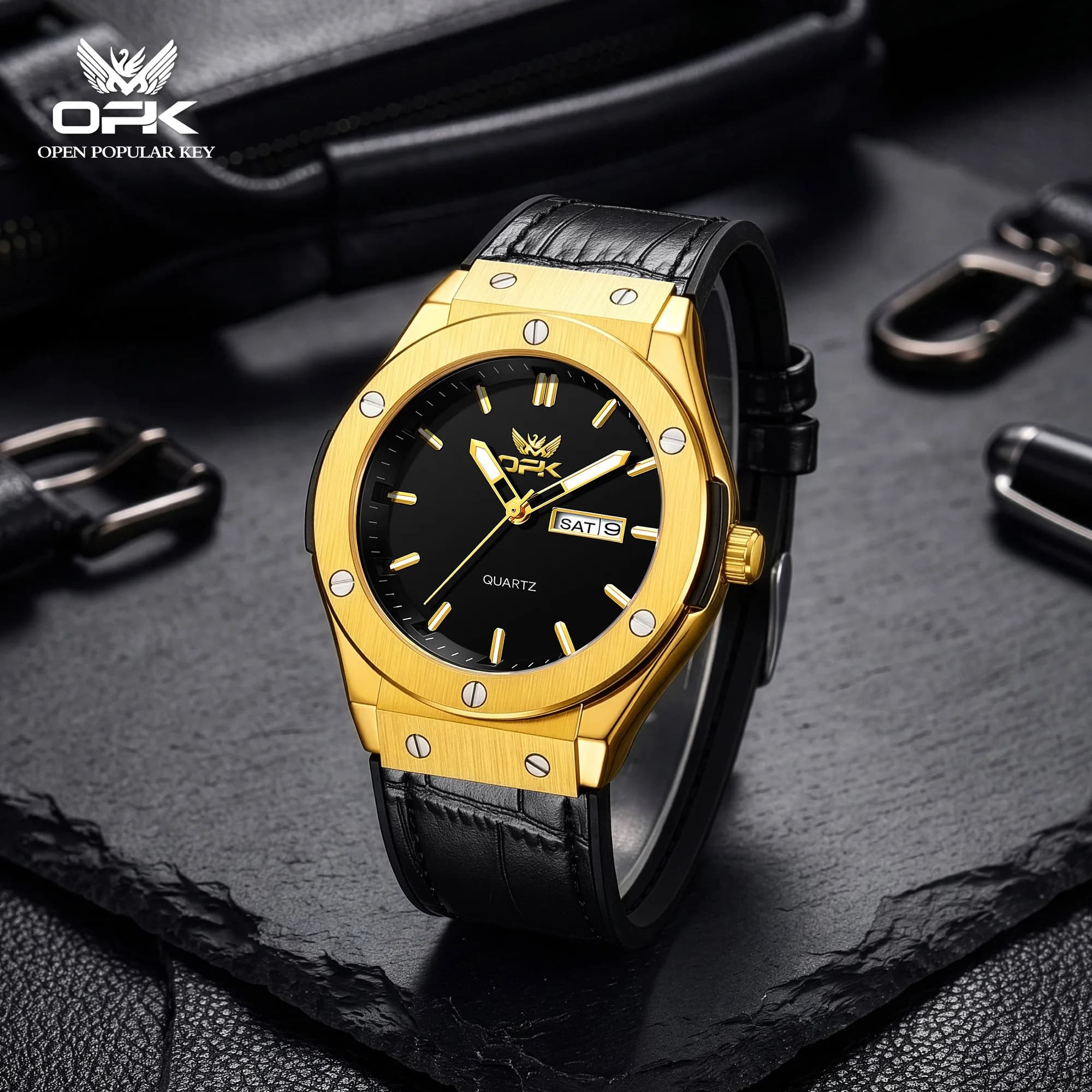 OPK 6108 Men Business Original Qaurtz Movement Watch Round Dial Design Silicone Strap HD Nigh Light 30m Waterproof Watch