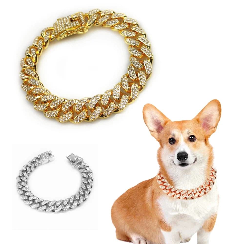 Collare a catena per cani con strass Collana per cani in metallo dorato forte con maglie cubane Collana di lusso con diamanti per cuccioli di gatto Accessori per gioielli per cani