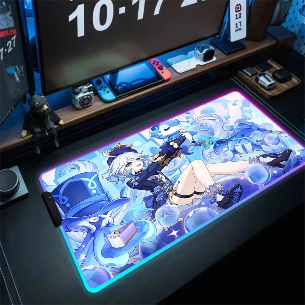 Genshin Impact Furina Anime Mouse Pad LED PC Kawaii Girl Mousepad Gamer Cabinet tastiera Pad RGB accessori da gioco XXL tappetino da scrivania