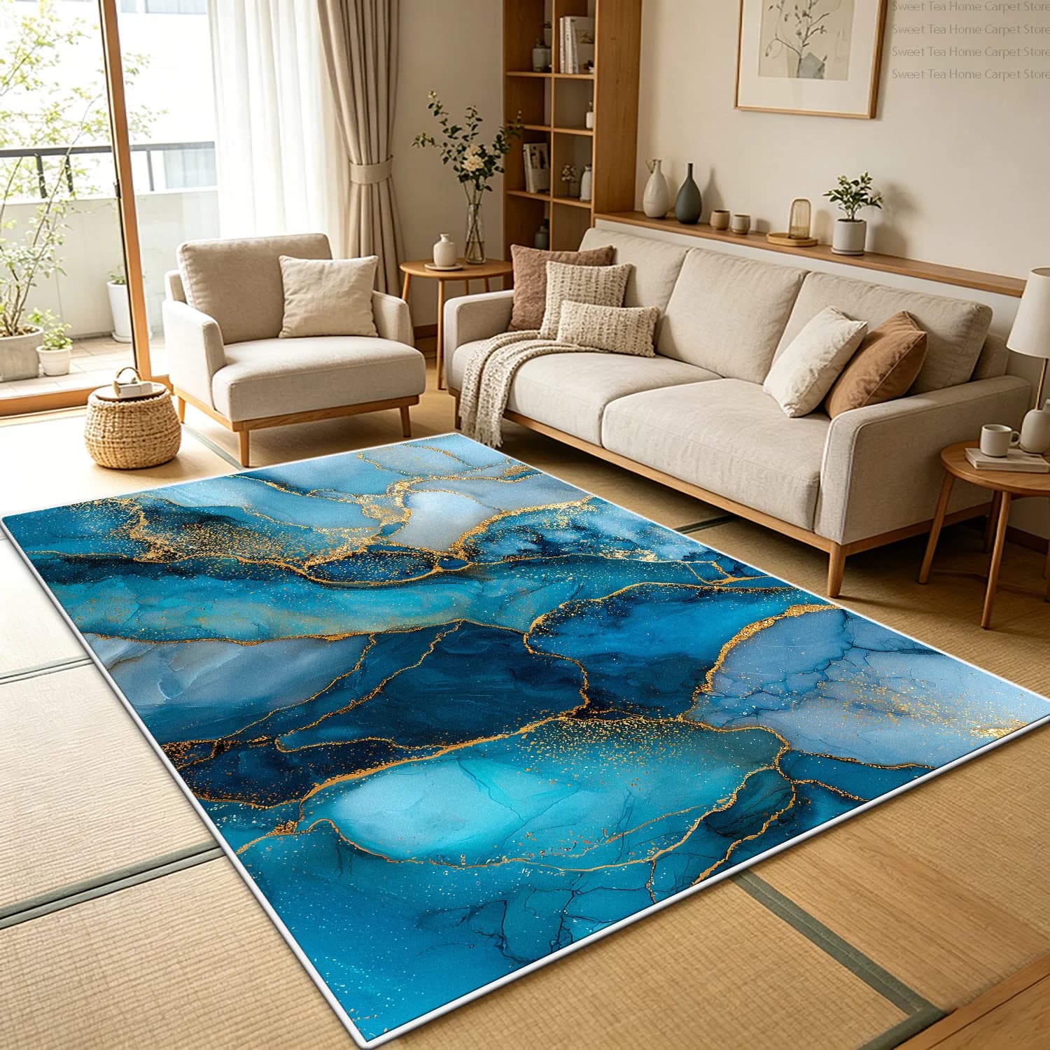 Tappeto di Lusso in Marmo Blu e Oro per Soggiorno, Decorazione Camera da Letto, Lavabile, Morbido, Soffice, Antiscivolo, Grande Tappeto per Cucina