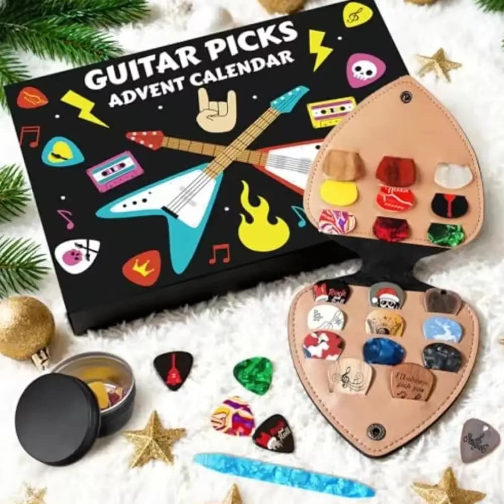 2025 Plettri per chitarra Calendario per il conto alla rovescia 20 plettri 2 Plettri Oud Holder Calendari dell'Avvento di Natale per chitarra basso Ukulele