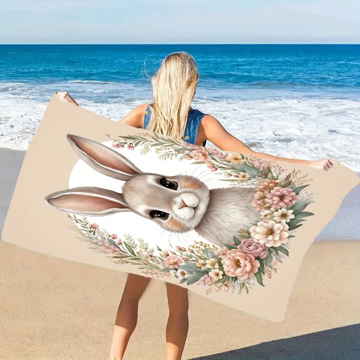 Telo Mare Coniglio Pasquale, Stampa Floreale e Coniglio Carino, Morbido, Asciugatura Rapida, in Microfibra Anti-Sabbia, per Viaggi, Piscina, Regalo di Pasqua/Primavera