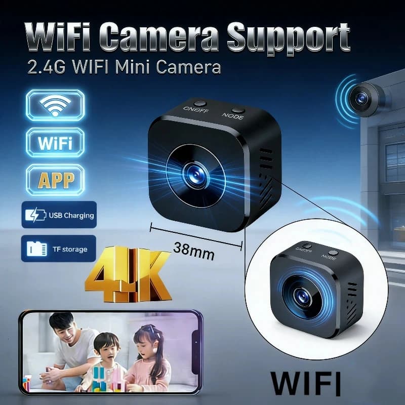 Mini Telecamera di Sicurezza 4K Full HD Wireless WiFi con Audio Bidirezionale, Rilevamento del Movimento e Visione Notturna a Infrarossi Intelligente