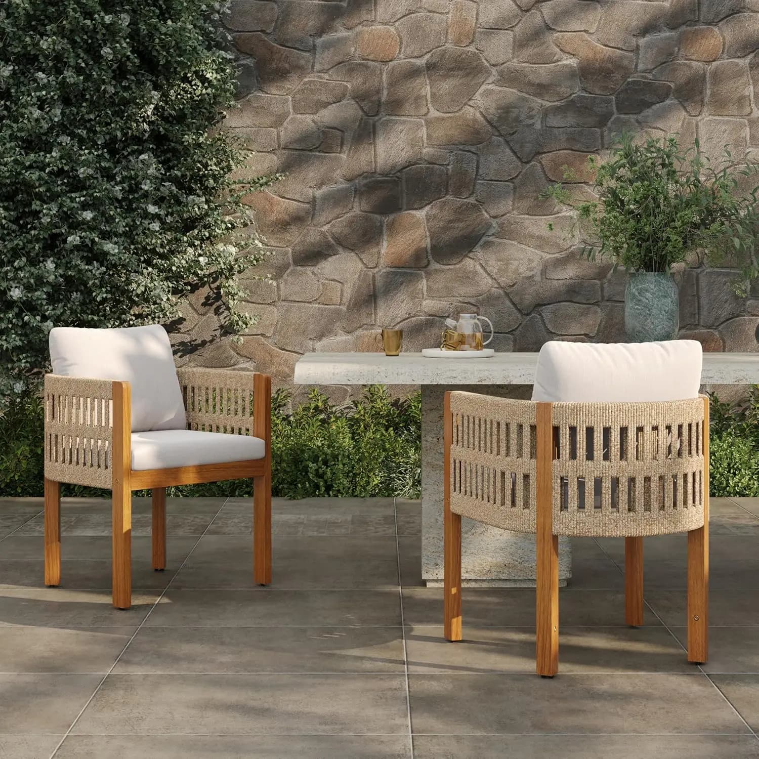 Set of 2 Outdoor Chairs, Wooden Garden Chairs with Corda Covered Arms, Removable Waterproof Bearings, Customizable