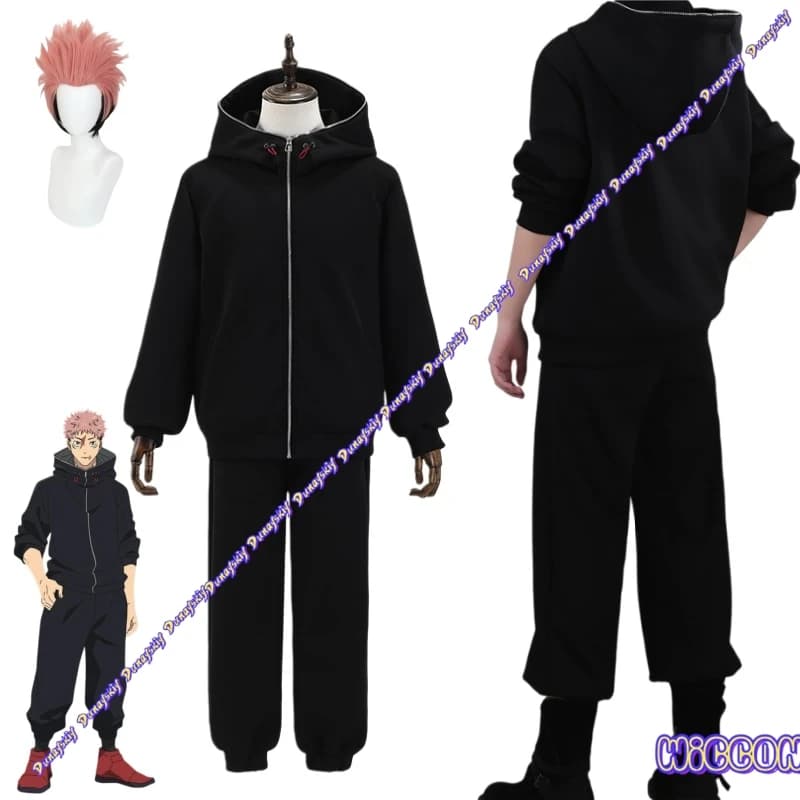 Itadori Yuji Costume Cosplay Parrucca Felpa con cappuccio Pantaloni Scarpe Halloween Natale Vestito da convenzione cosplay