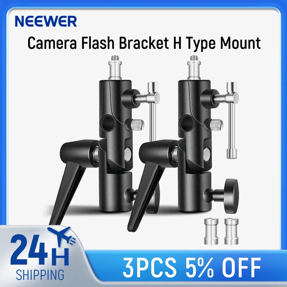 NEEWER Camera flash bracket H type support with softbox support for umbrella, 180 ° Metal adjustable swivel light support adapter (package 2)